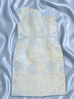 Designer Cap Sleeve V Neck Blue/ White/Floral Sheath Old Money Dress Sz 16